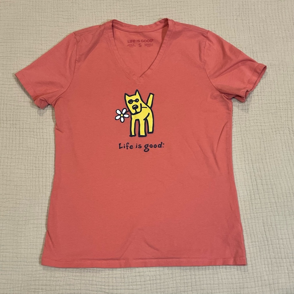 Life Is Good Pink V-Neck Tee with Rocket Holding a Flower Size Small